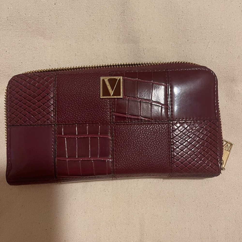 Victoria's Secret Burgundy Patchwork Zip Around Wallet Gold V Logo Faux Leather